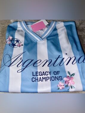 💞Argentina Women's Light Blue & White Striped Jerseys  with Floral Embroidery